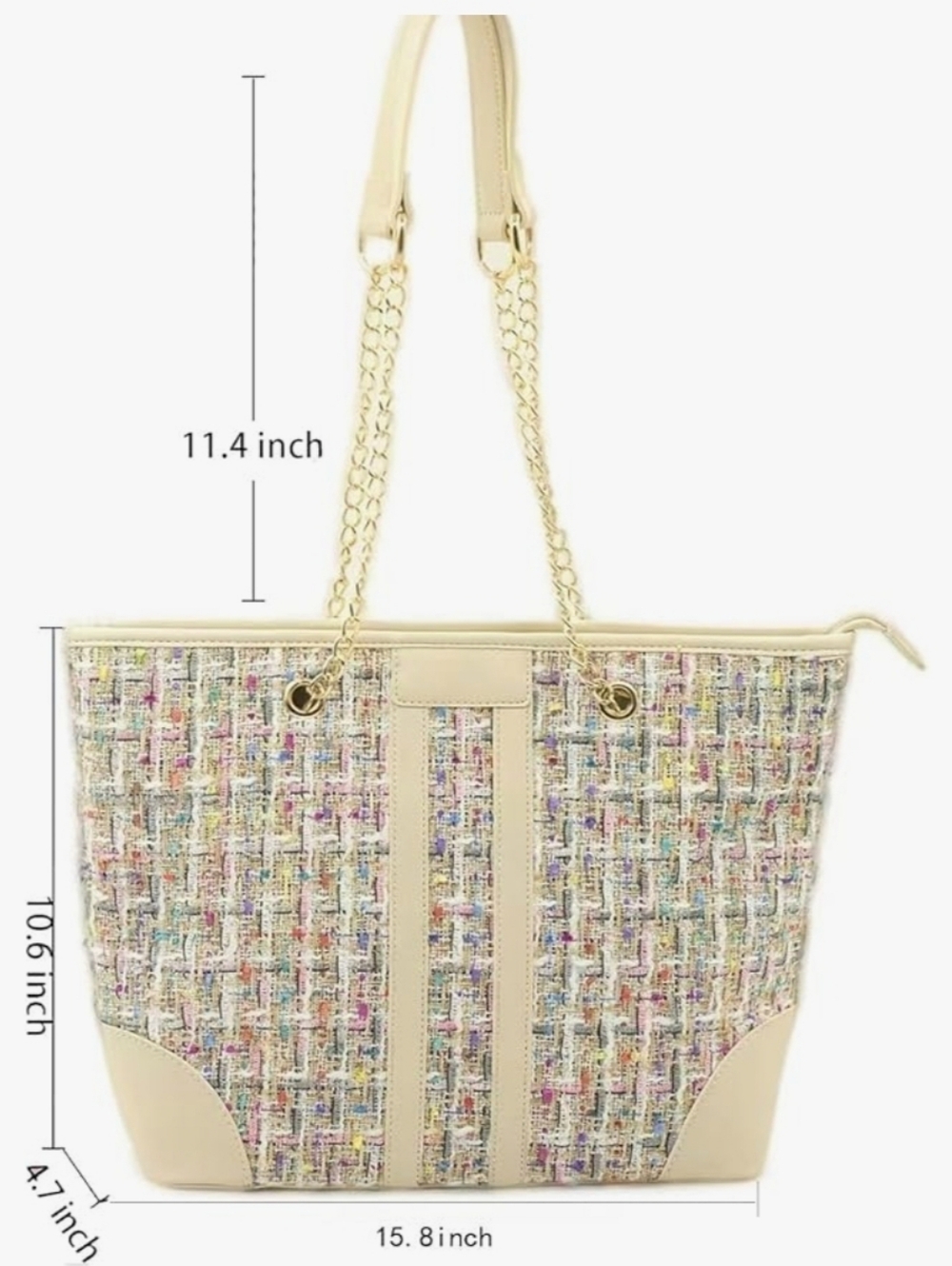 Pink Multicolor Tweed Tote Shoulder Bag with Gold Chain Straps - Picture 2 of 4